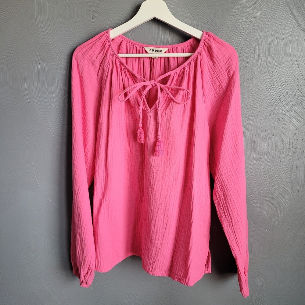 BODEN Top Size US 8 Pink Serena Doublecloth Blouse Long Sleeve Tassels